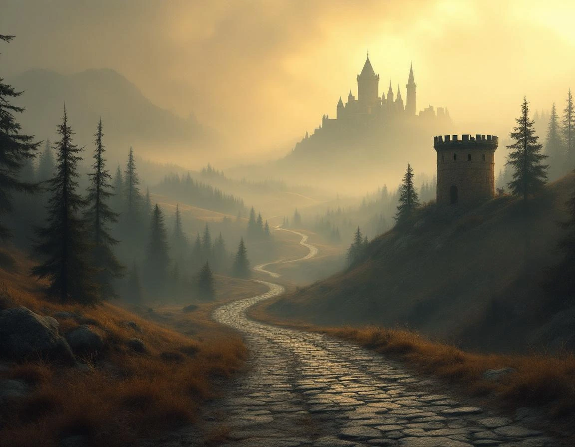 A misty Ugaris valley with a distant castle silhouette and a stone watchtower